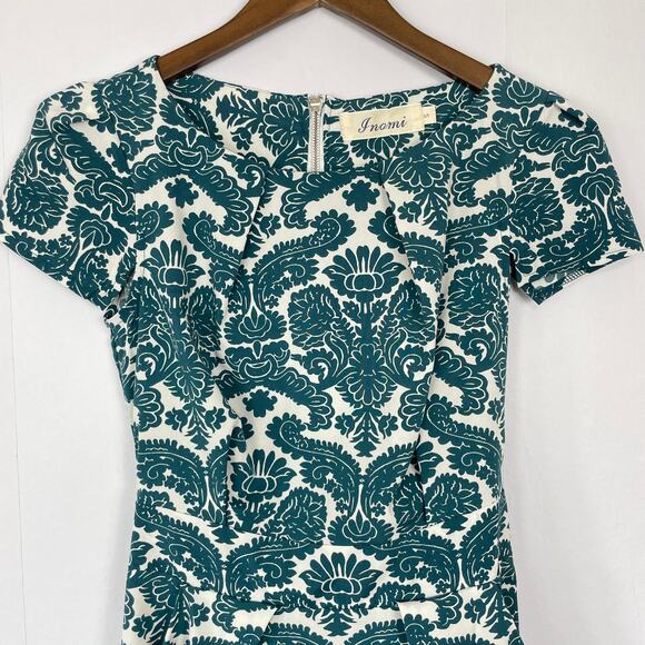 Inomi | Teal & White Damask Floral Pattern Pleated Pocket Tie Back Dress - Picture 3 of 8